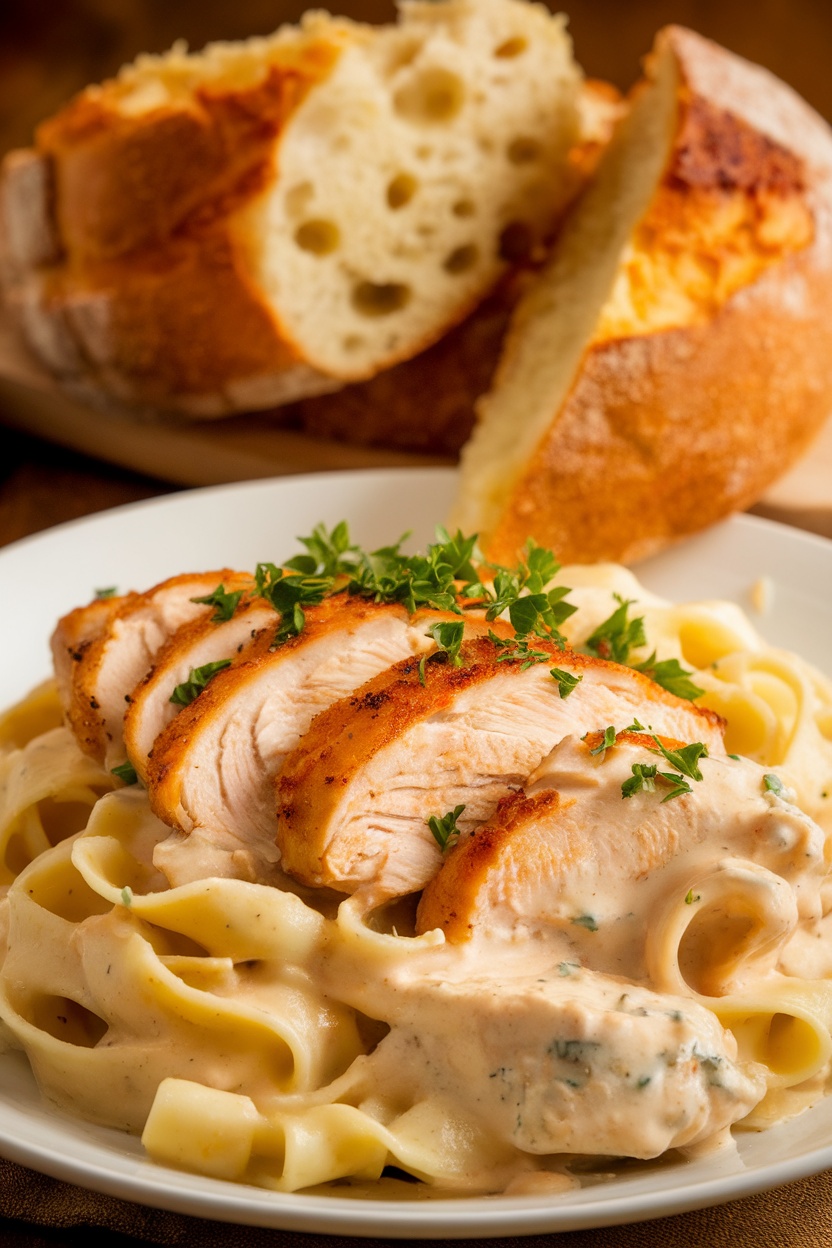 Creamy Chicken Alfredo with fettuccine and garlic bread on a plate, garnished with parsley.